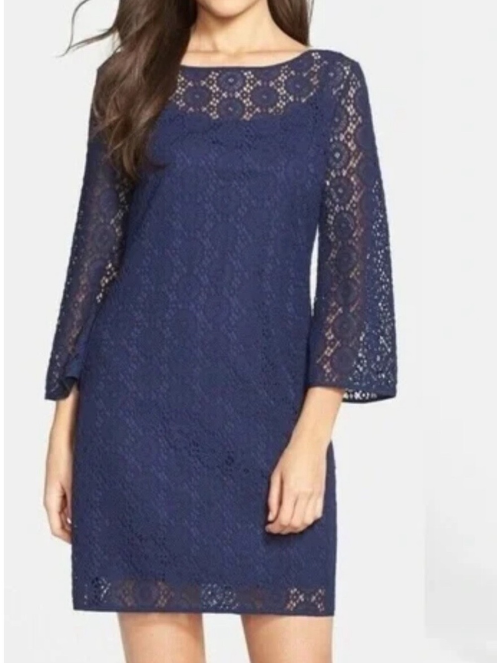 Lilly Pulitzer Topanga Dress True Navy Breakers Lace Bell Sleeves -Size M